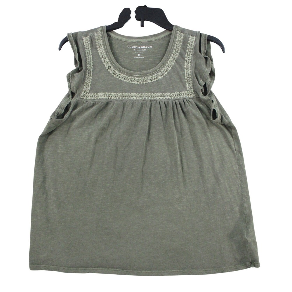 Lucky Brand Womens Olive Green Embroidered Ruffle Sleeve Cotton Top Medium